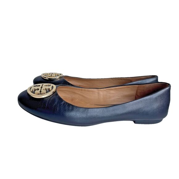 Tory Burch Claire Size 8.5 Black Nappa Leather Gold Tone Ballet Flats - Picture 11 of 12